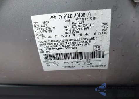 2020 Ford Explorer Xlt из США, поврежденный, VIN 1FMSK7DH0LGC98455